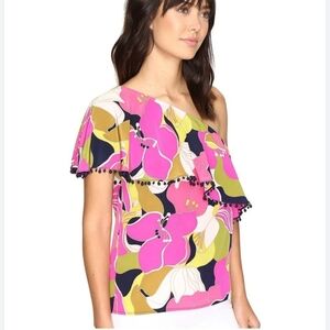 Trina Turk Kahe One Shoulder Floral Silk Top With Ruffle Overlay *Pink Spots* M